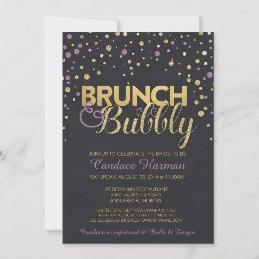 Brunch & Bubbly Glitzer Chalkboard Brautparty Einladung (Vorderseite)