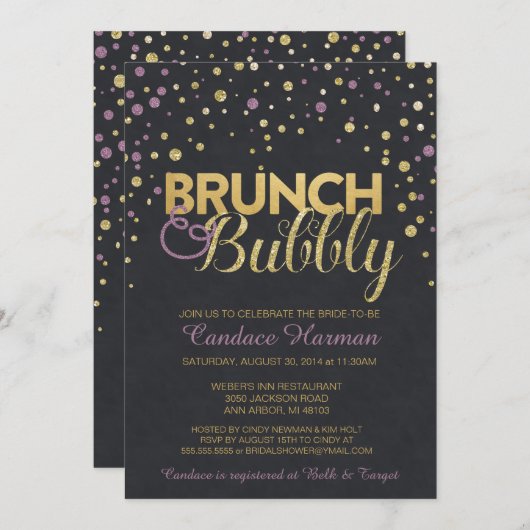 Brunch & Bubbly Glitzer Chalkboard Brautparty Einladung (Vorne/Hinten)