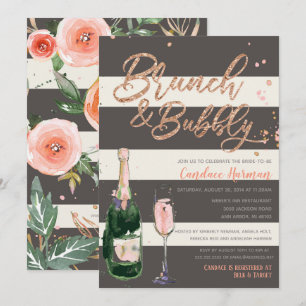 Brunch & Bubbly Glitzer Rose Grau Brautparty Einladung