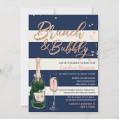 Brunch & Bubbly Glitzer Rose Navy Brautparty Einladung (Vorderseite)