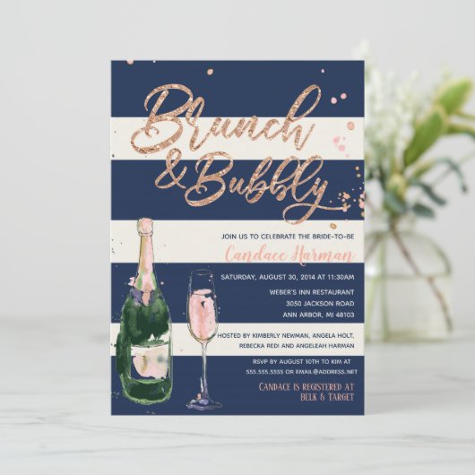 Brunch & Bubbly Glitzer Rose Navy Brautparty Einladung (Stehend Vorderseite)