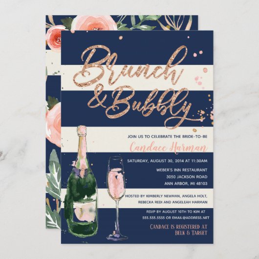 Brunch & Bubbly Glitzer Rose Navy Brautparty Einladung (Vorne/Hinten)