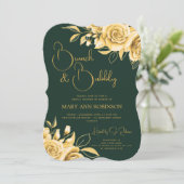 BRUNCH & BUBBLY Gold Floral Brautparty Emerald Einladung (Stehend Vorderseite)