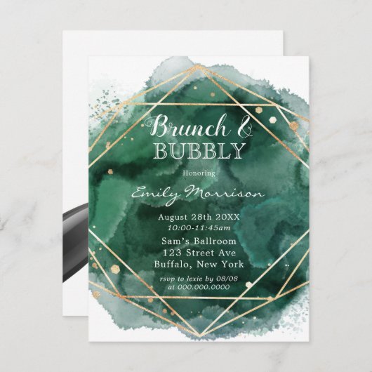 Brunch & Bubbly, grün und goldfarben Einladung (Vorne/Hinten)