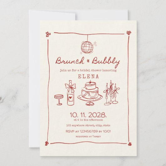 Brunch & Bubbly Handgezogenes Rotes Brautparty Einladung (Vorderseite)