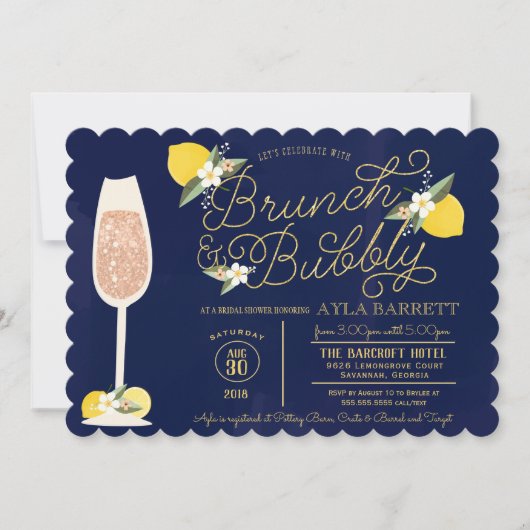 Brunch & Bubbly Lemon Gold Navy Blue Brautparty Einladung (Vorderseite)
