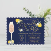 Brunch & Bubbly Lemon Gold Navy Blue Brautparty Einladung (Stehend Vorderseite)
