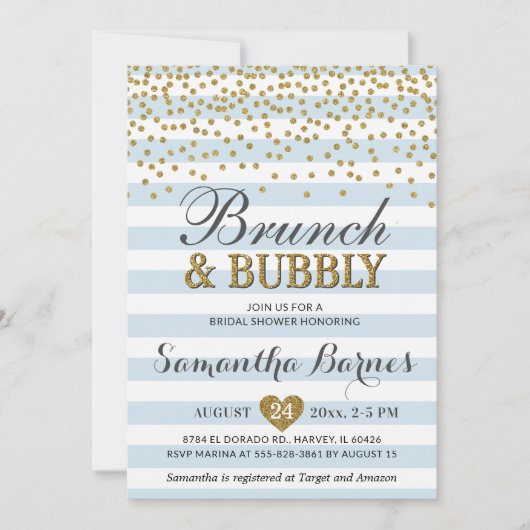 Brunch Bubbly Light Blue Gold Chic Brautparty Einladung (Vorderseite)