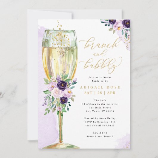 Brunch & Bubbly Lila Gold Brautparty Einladung (Vorderseite)