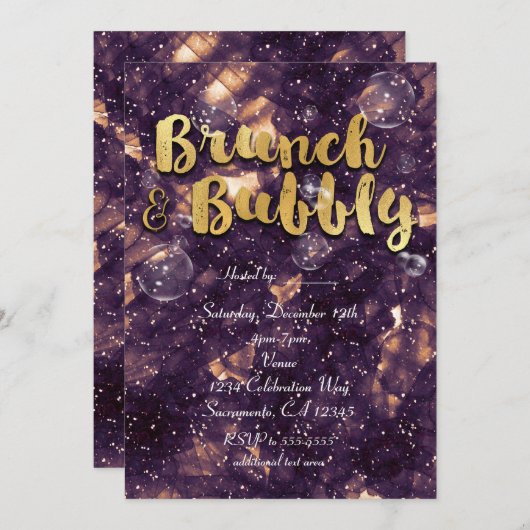 Brunch & Bubbly Lila Gold Glam Chic Einladungen (Vorne/Hinten)