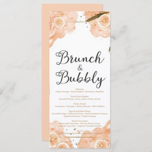 Brunch & Bubbly Menu Card – Peach Watercolor Menükarte (Vorne/Hinten)