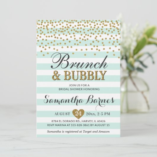 Brunch Bubbly Mint Green Gold Brautparty Streifen Einladung (Stehend Vorderseite)