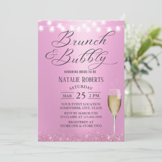 Brunch & Bubbly Modern Pink Brautparty Einladung (Stehend Vorderseite)