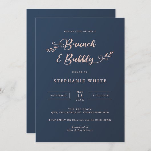 Brunch & Bubbly, Navy und Pink Foliage Einladung (Vorne/Hinten)