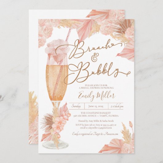 Brunch & Bubbly Pampas Grass Boho Brautparty Einladung (Vorne/Hinten)