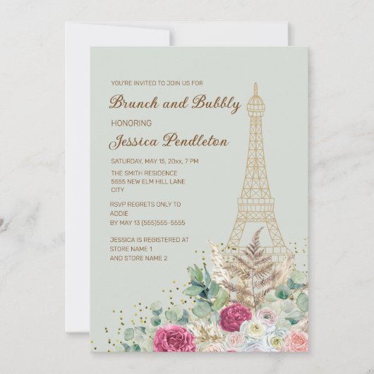 Brunch Bubbly Paris Eiffel Tower Brautparty Einladung (Vorderseite)