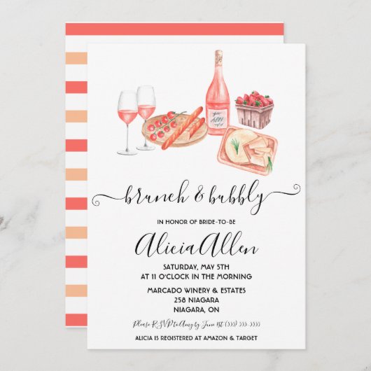 Brunch & Bubbly Picknick Brautparty zum Thema Wein Einladung (Vorne/Hinten)