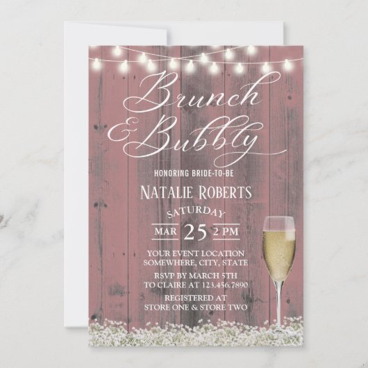 Brunch & Bubbly Pink Barn Wood Brautparty Einladung (Vorderseite)