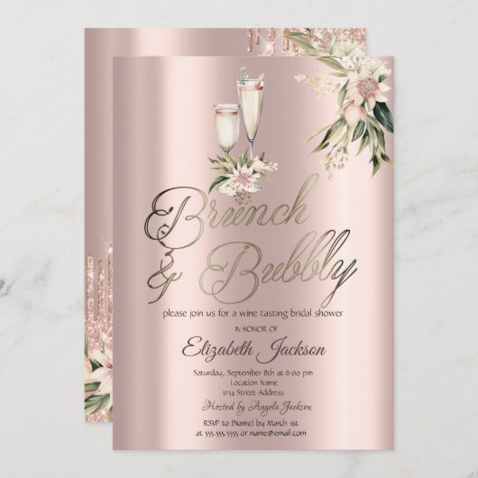 Brunch & Bubbly Pink Blume Brautparty Einladung (Vorne/Hinten)