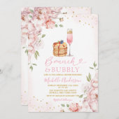 Brunch & Bubbly Pink Blumenwein Brautparty Einladung (Vorne/Hinten)