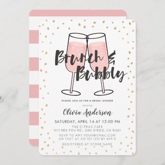 Brunch & Bubbly Pink Champagner Brautparty Einladung (Vorne/Hinten)