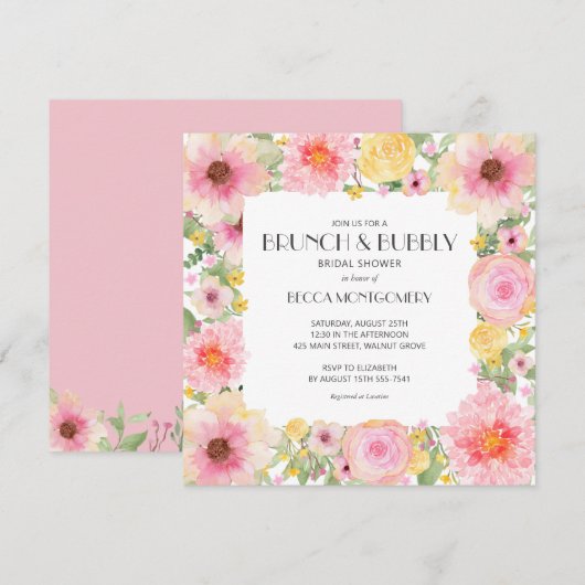 Brunch Bubbly Pink Floral Brautparty Einladung (Vorne/Hinten)