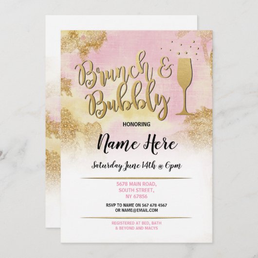 Brunch & Bubbly Pink Gold Brautparty Einladung (Vorne/Hinten)