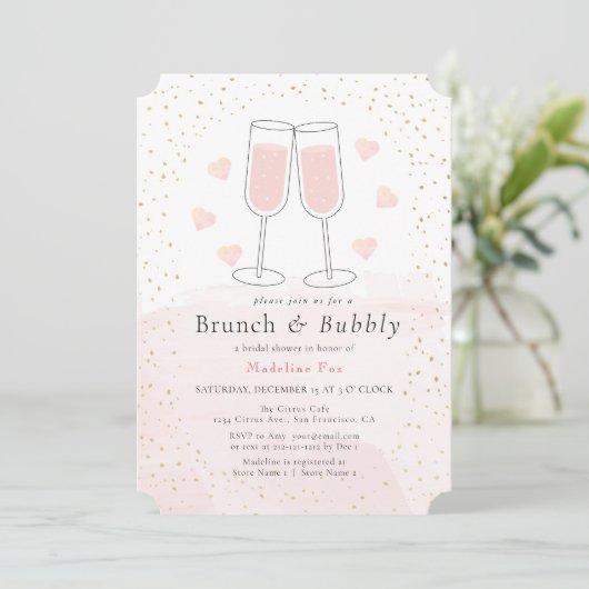 Brunch & Bubbly Pink Gold Champagner Brautparty Einladung (Stehend Vorderseite)