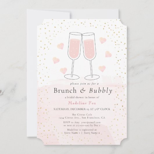 Brunch & Bubbly Pink Gold Champagner Brautparty Einladung (Vorderseite)