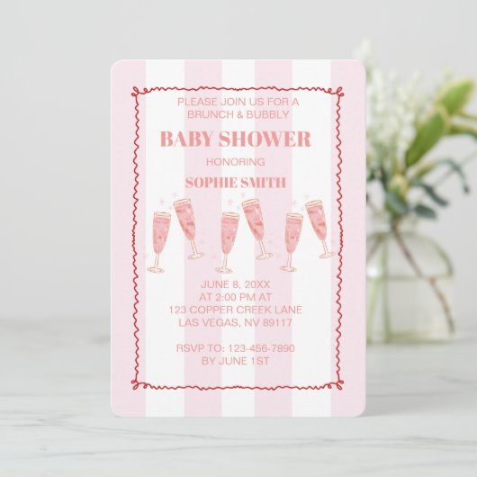 Brunch & Bubbly Pink & Red Baby Dusche Einladung (Stehend Vorderseite)