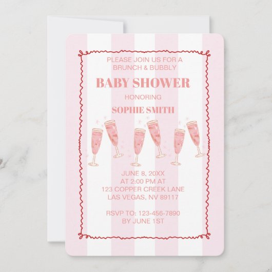 Brunch & Bubbly Pink & Red Baby Dusche Einladung (Vorderseite)