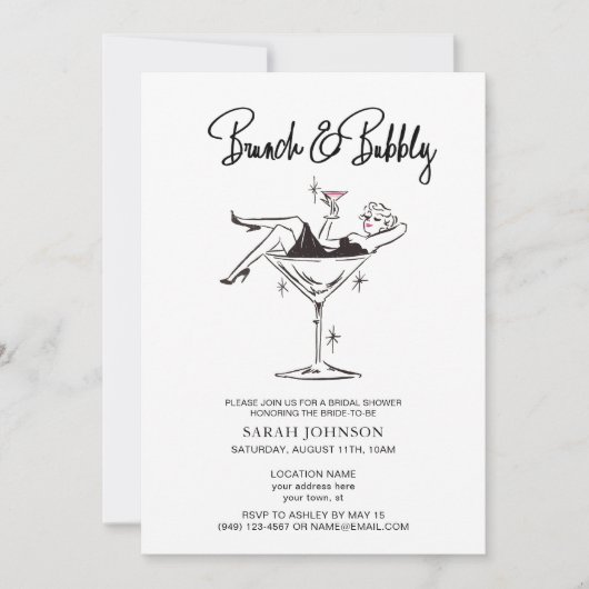 Brunch & Bubbly Retro Rosa Champagner Brautparty Einladung (Vorderseite)