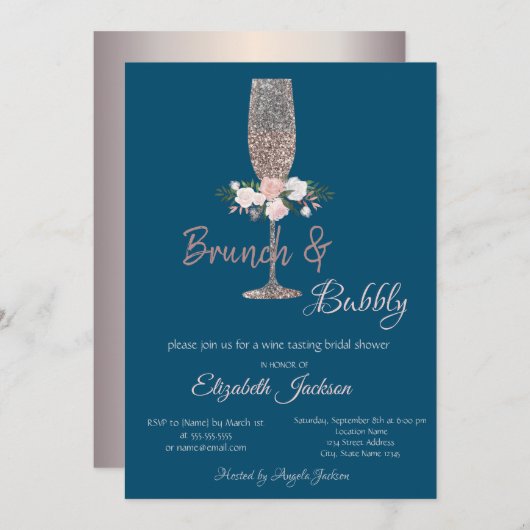 Brunch & Bubbly Rose Gold Brautparty Einladung (Vorne/Hinten)