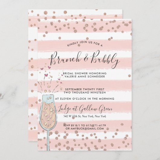 Brunch & Bubbly Rose Gold Champagner Brautparty Einladung (Vorne/Hinten)