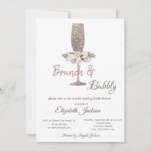 Brunch & Bubbly Rose Gold Glitzer Brautparty Einladung (Vorderseite)