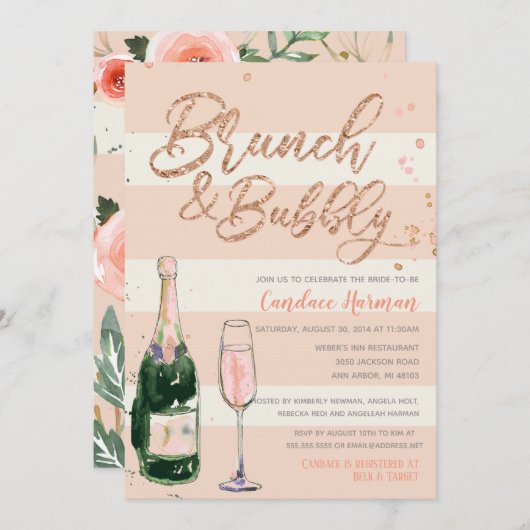 Brunch & Bubbly Rose Gold Glitzer Brautparty Einladung (Vorne/Hinten)