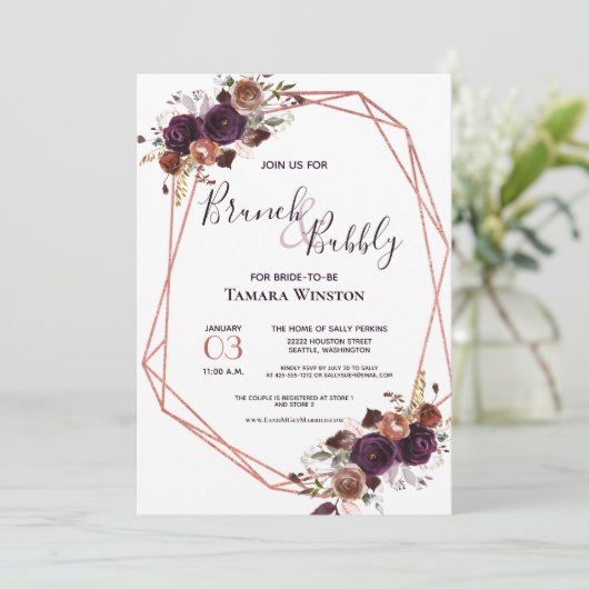 Brunch & Bubbly Rose Gold Lila Geometrische Dusche Einladung (Stehend Vorderseite)