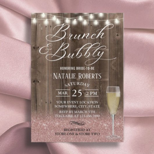 Brunch Bubbly Rustic Rose Gold Barren Brautparty Einladung