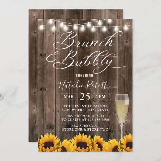 Brunch & Bubbly Rustic Sunflower Brautparty Einladung (Vorne/Hinten)