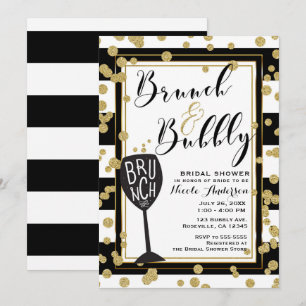 Brunch & Bubbly Schwarz Weiß Streifen Gold Konfett Einladung