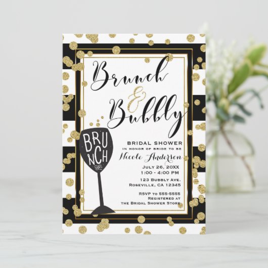 Brunch & Bubbly Schwarz-weiß Stripes Gold Confetti Einladung (Stehend Vorderseite)