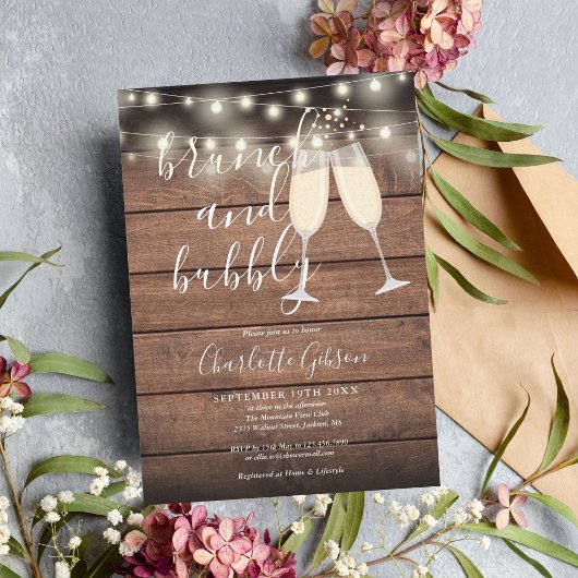 Brunch Bubbly Script Brautparty Rustic Wood Einladung