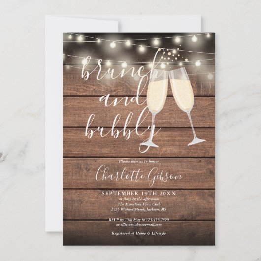 Brunch Bubbly Script Brautparty Rustic Wood Einladung (Vorderseite)