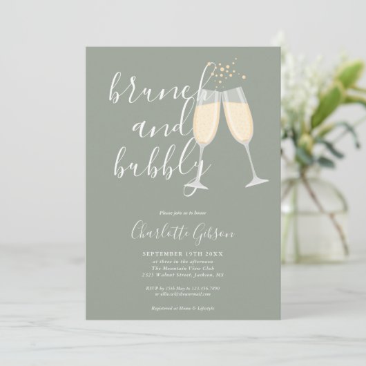 Brunch Bubbly Script Brautparty Sage Green Einladung (Stehend Vorderseite)