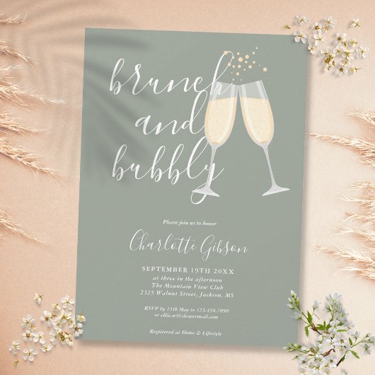 Brunch Bubbly Script Brautparty Sage Green Einladung