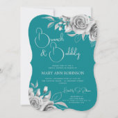 BRUNCH & BUBBLY Silver Floral Brautparty Aquamarin Einladung (Vorderseite)