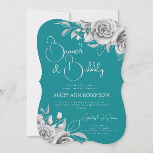 BRUNCH & BUBBLY Silver Floral Brautparty Aquamarin Einladung (Vorderseite)