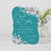 BRUNCH & BUBBLY Silver Floral Brautparty Aquamarin Einladung (Stehend Vorderseite)