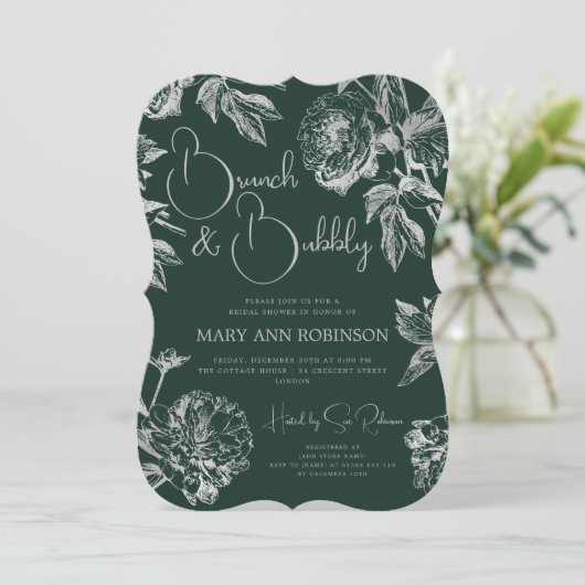 BRUNCH BUBBLY Silver Floral Brautparty Emerald Einladung (Stehend Vorderseite)
