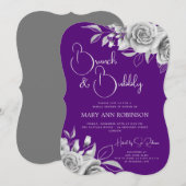 BRUNCH & BUBBLY Silver Floral Brautparty Lila Einladung (Vorne/Hinten)